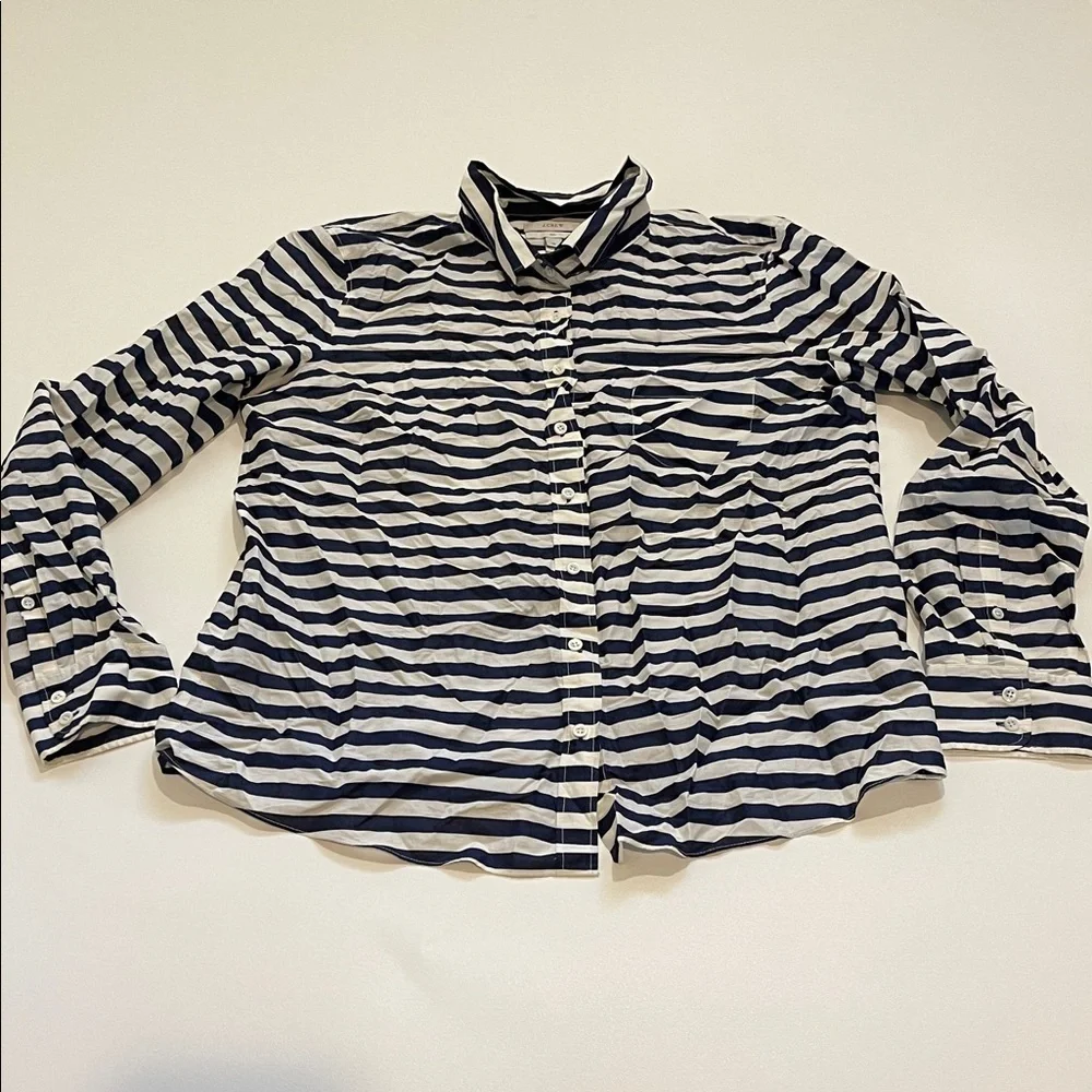 J. Crew Long Sleeve Navy and White Striped Button-Up